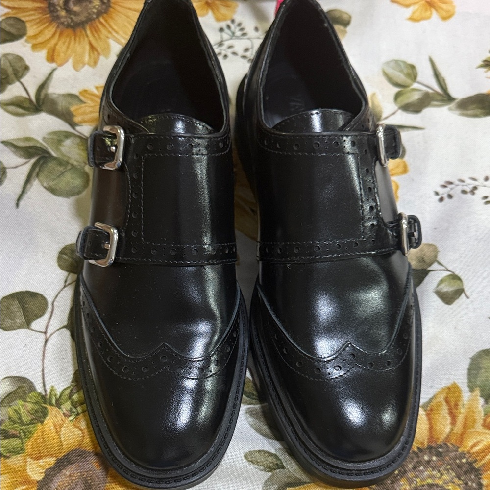 Zara women Black Double Monk Strap Shoes 36